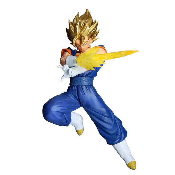 Super Saiyan character in blue and yellow outfit with white pants on a white background