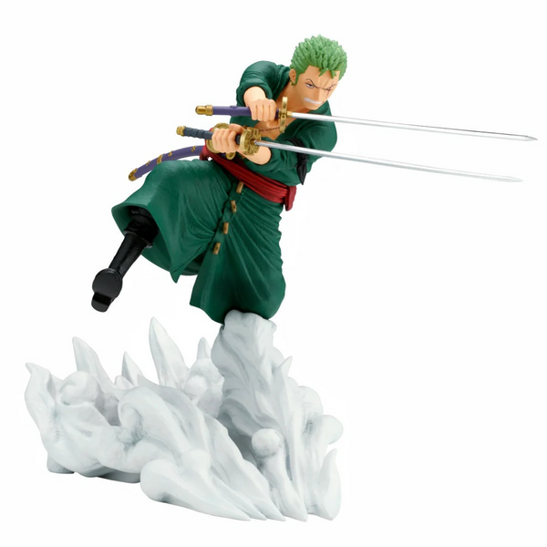 Action figure of a character in green outfit with swords on a white background