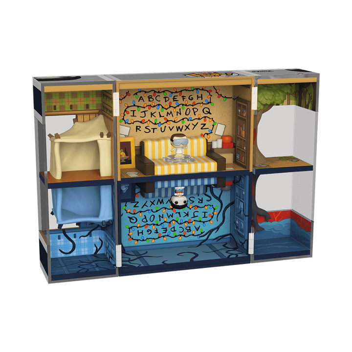 Open Funko Bitty Pop! Stranger Things Byers House diorama showing interior with alphabet wall and Upside Down details.
