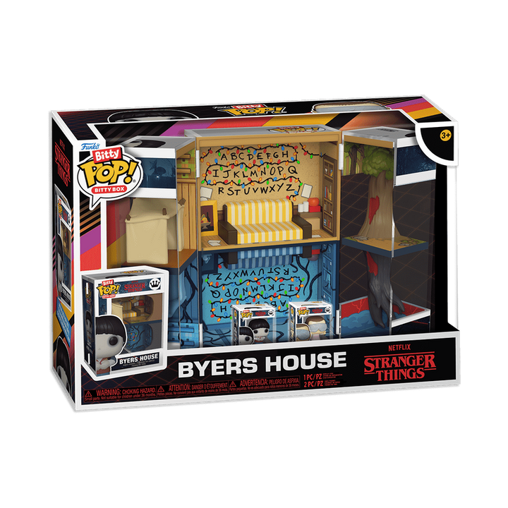 Boxed Funko Bitty Pop! Stranger Things Byers House set showing front and side packaging with Byers living room.