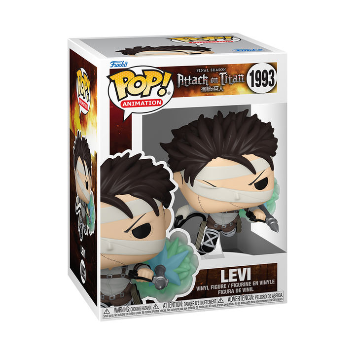 Funko Pop! vinyl figure packaging of Levi from Attack on Titan with box design.