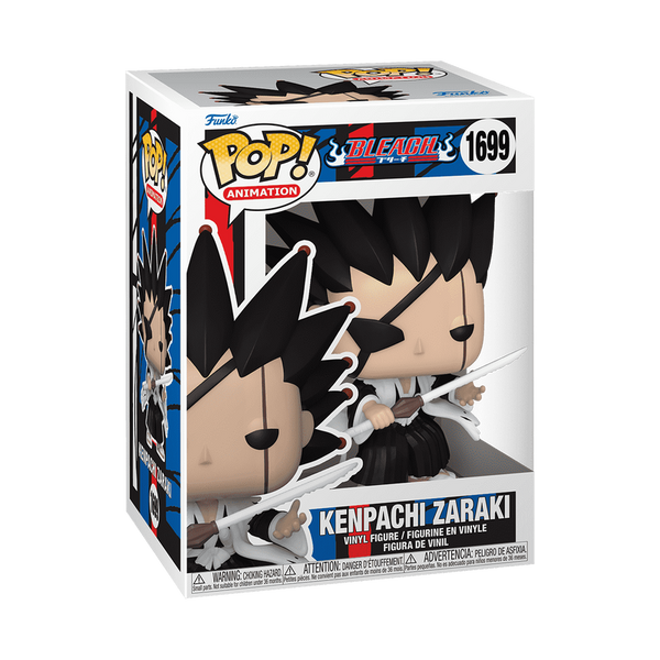 Bleach Kenpachi Zaraki figure with stylized packaging, character artwork, and Pop! Animation branding visible.