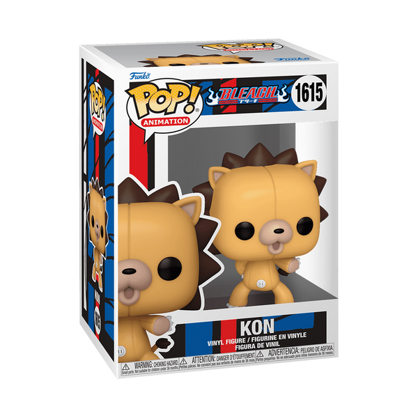 Boxed Funko Pop! Bleach Kon vinyl figure, showing product number 1615 and vibrant Bleach-themed packaging.