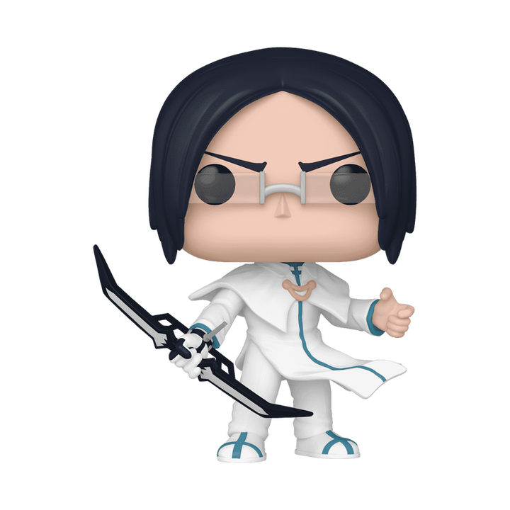 Funko Pop! vinyl figure with dark hair and a white outfit holding a sword on a white background