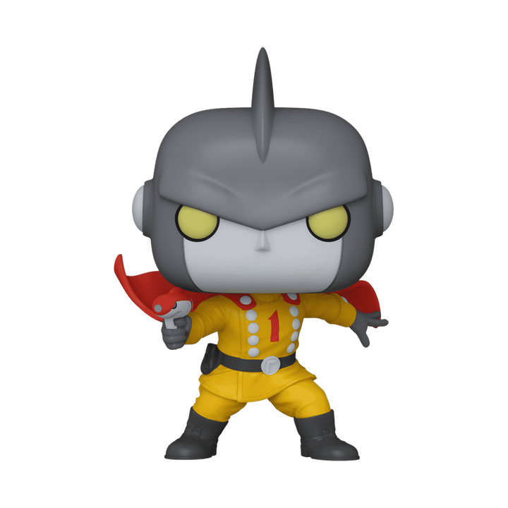 Toy figure with gray helmet, yellow outfit, and red cape on a white background