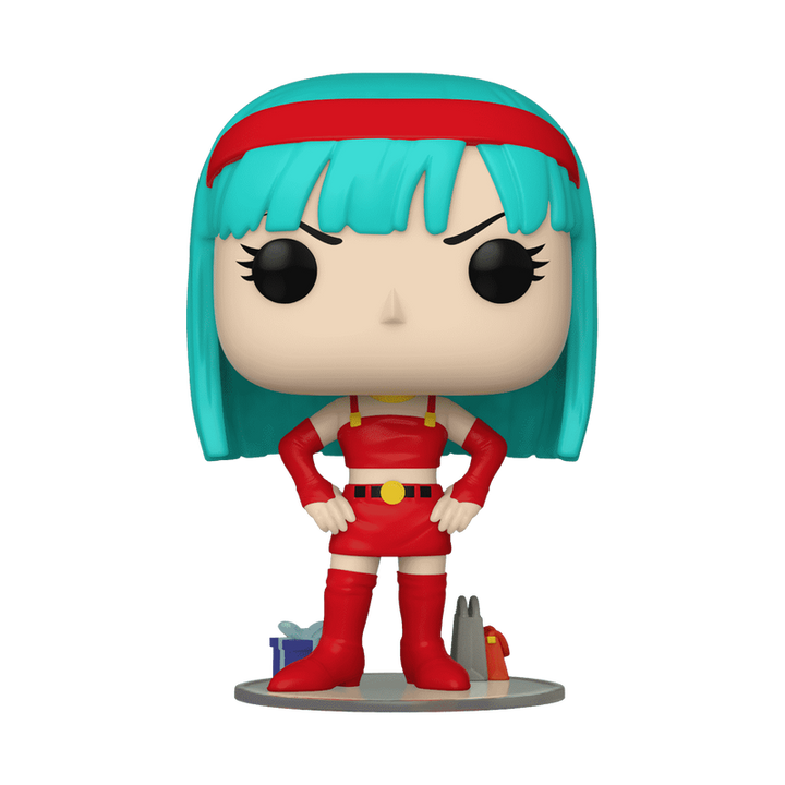 Pop vinyl figure with turquoise hair and red outfit on a white background