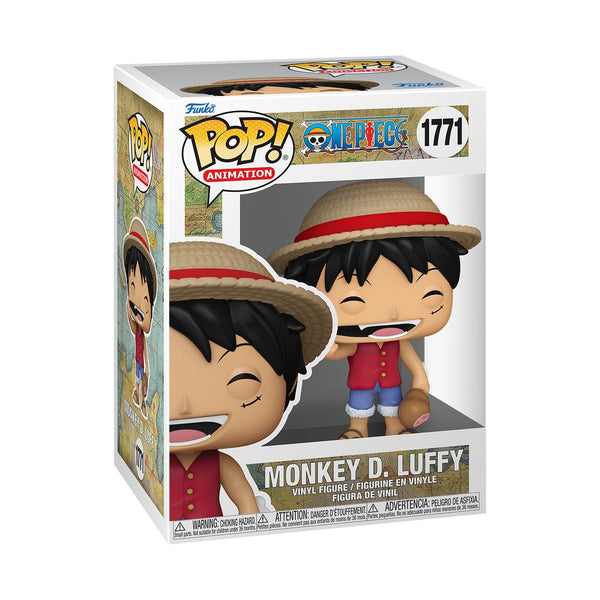 Funko Pop! Animation Monkey D. Luffy vinyl figure inside box, featuring One Piece branding and window display packaging.