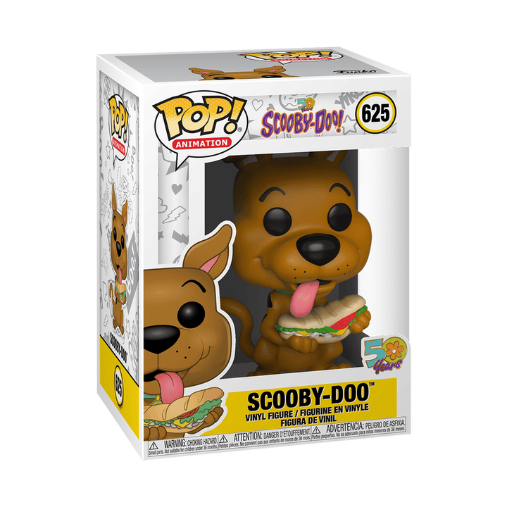 Funko Pop! vinyl figure packaging featuring Scooby-Doo with a burger, against a white background.
