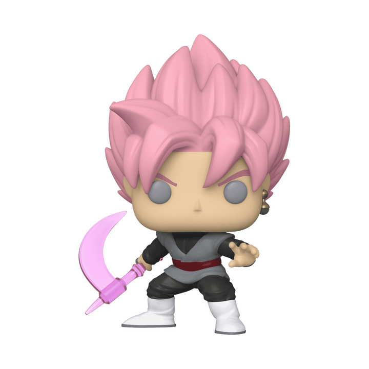 Funko Pop! vinyl figure with pink hair and a weapon on a white background