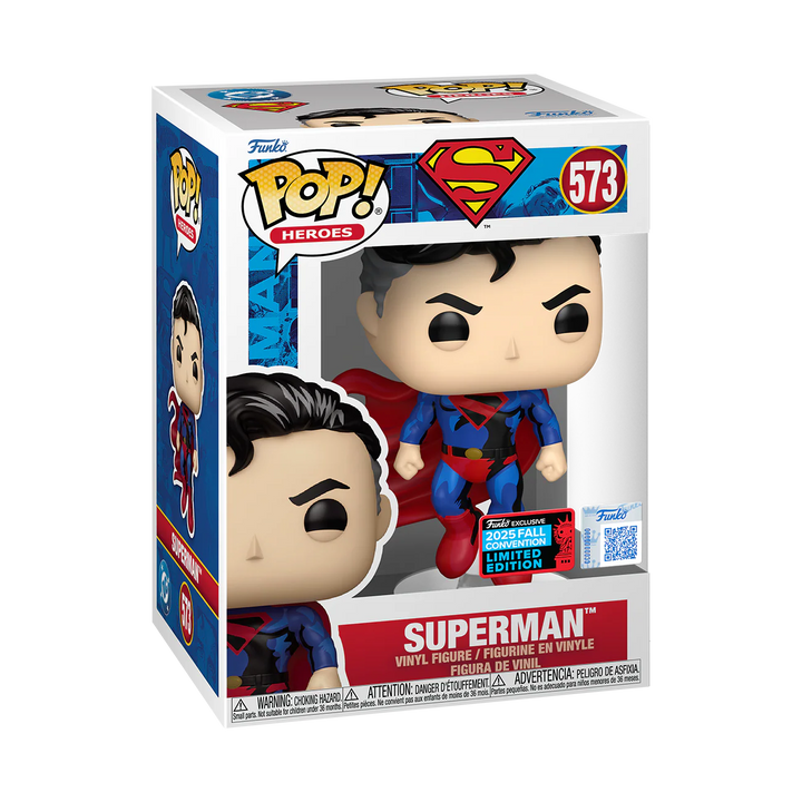 Boxed Funko Pop! DC Heroes Superman NYCC 2025 Limited Edition figure showing front and side packaging.