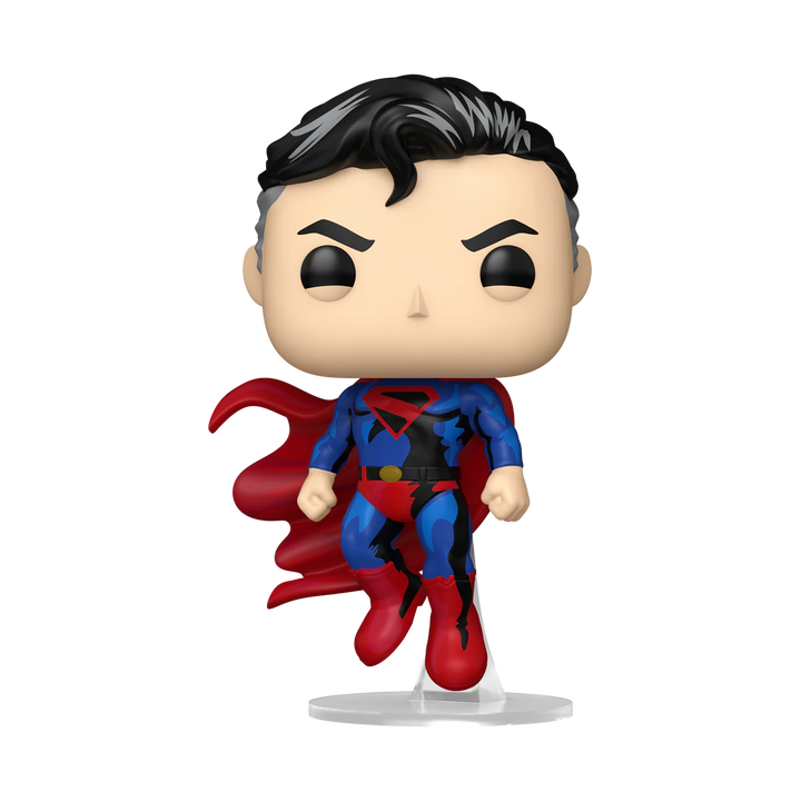 Funko Pop! vinyl figure of Superman flying in retro comic-style blue and red suit on a white background.