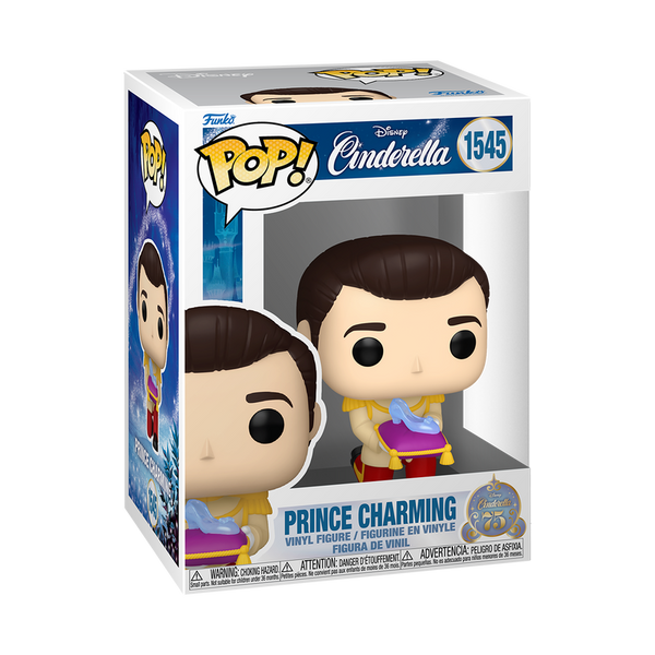 Boxed Funko Pop! Disney Cinderella Prince Charming with Slipper (75th Anniversary) vinyl figure on a white background.