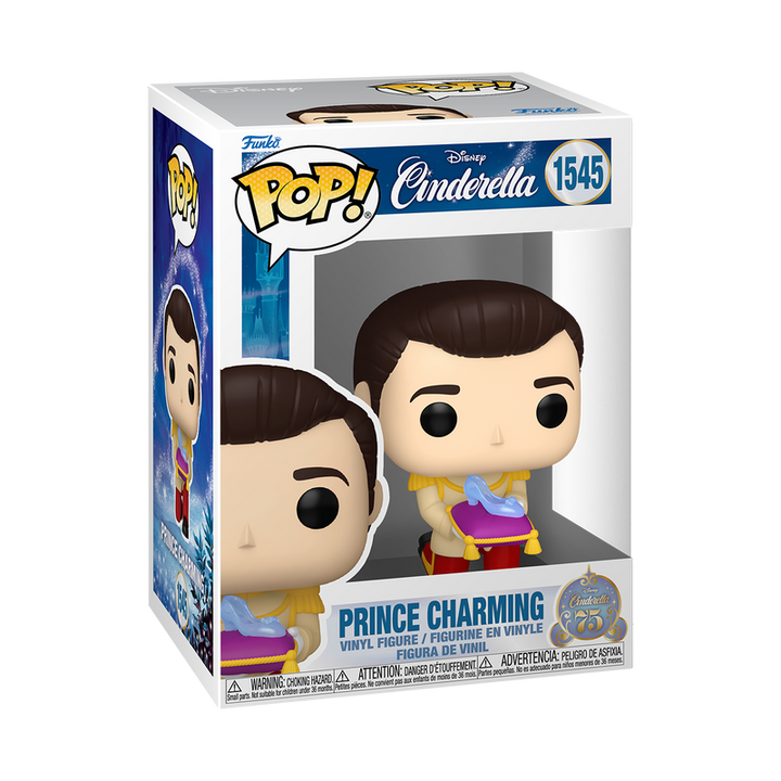 Boxed Funko Pop! Disney Cinderella Prince Charming with Slipper (75th Anniversary) vinyl figure on a white background.