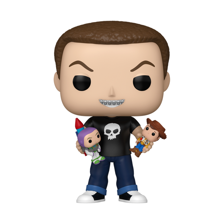 Funko Pop! vinyl figure of Sid from Toy Story holding Buzz Lightyear and Woody on a white background.