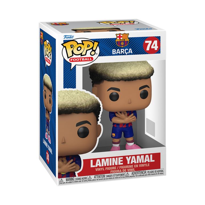 Boxed Funko Pop! Football Barcelona Lamine Yamal figure showing front and side window packaging.