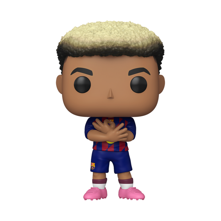 Funko Pop! vinyl figure of Lamine Yamal in FC Barcelona jersey with pink boots and blonde-tipped hair on a white background.