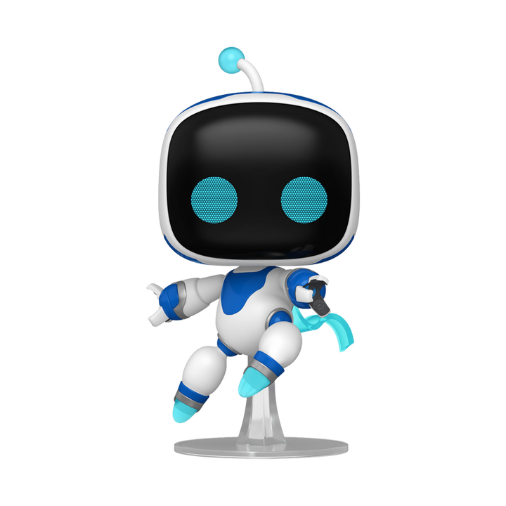 Toy robot figure with black face, blue accents, and white body on a white background