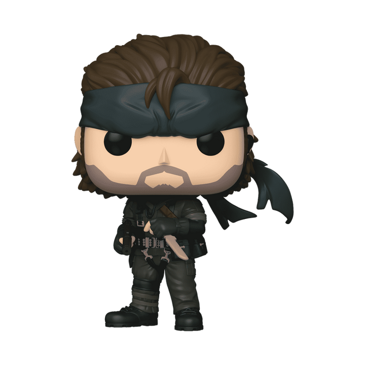 Funko Pop! vinyl figure of Naked Snake wearing bandana and tactical gear holding a pistol on a white background.