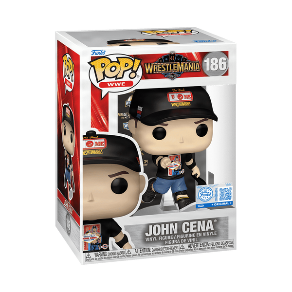 Funko Pop! John Cena figure packaging with WWE and WrestleMania branding on a white background