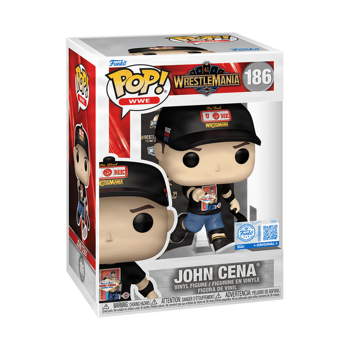 Funko Pop! John Cena figure packaging with WWE and WrestleMania branding on a white background