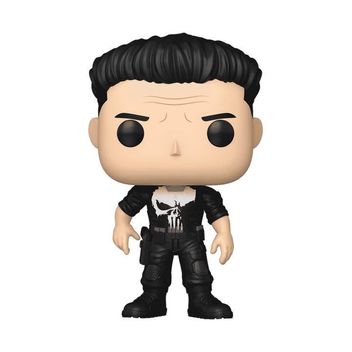 Funko Pop! vinyl figure of Marvel’s Punisher from Daredevil: Born Again wearing black tactical suit with skull emblem on a white background.