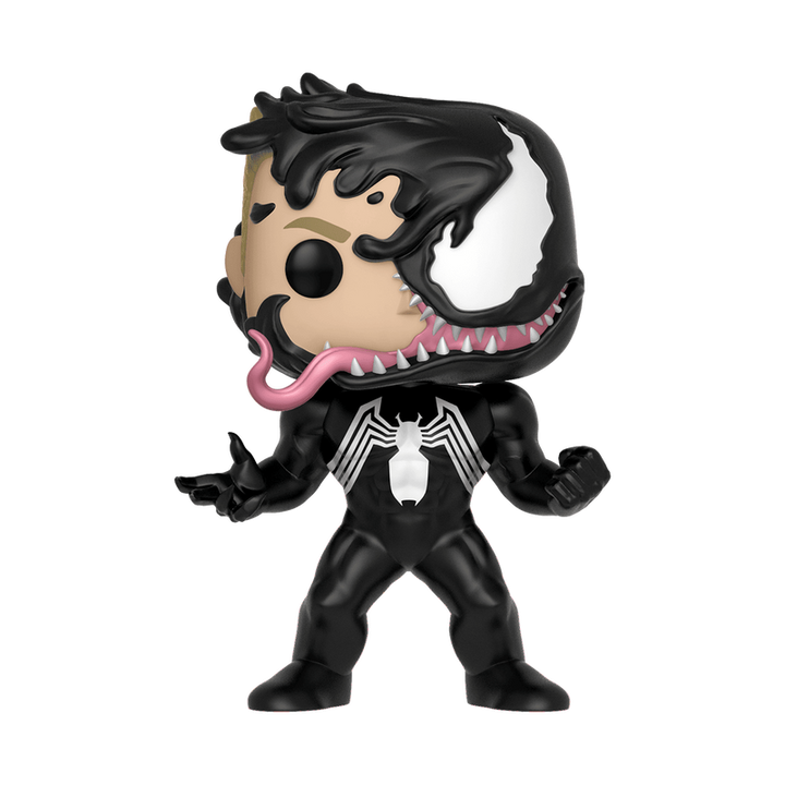 Venom action figure with black hair and pink tongue on a white background