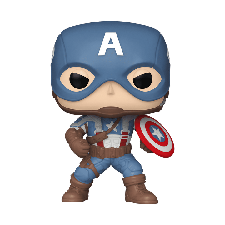 Captain America figurine with blue helmet and shield on a white background
