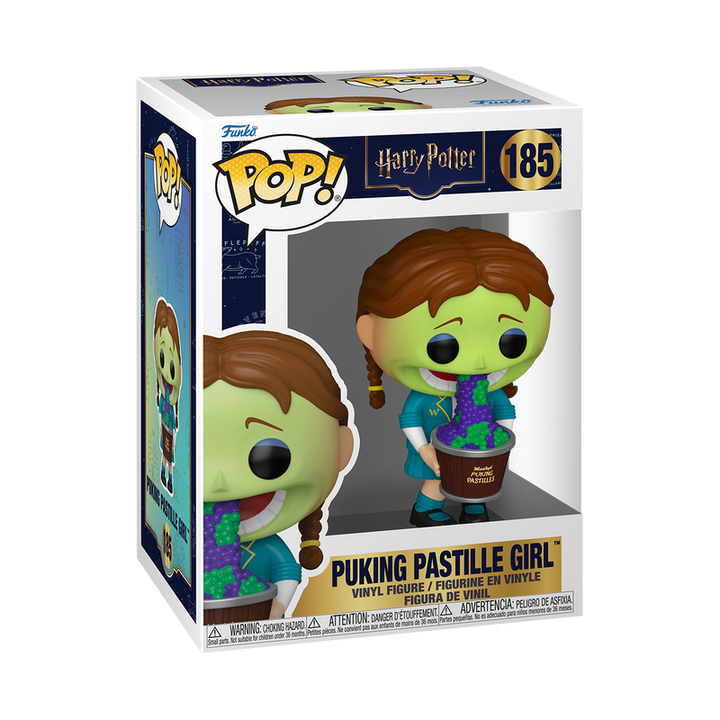 Funko Pop! vinyl figure packaging of a 'Puking Pastille Girl' from Harry Potter series.