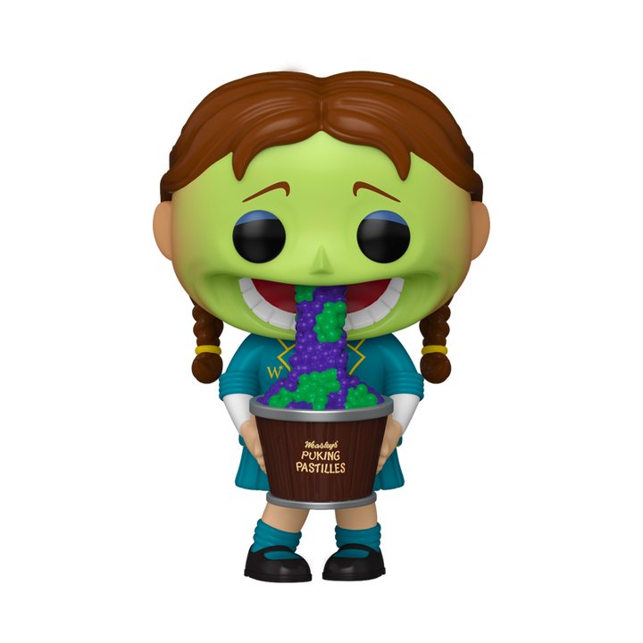 Funko Pop! vinyl figure of Puking Pastille Girl with green face and colorful vomit holding a bucket on a white background