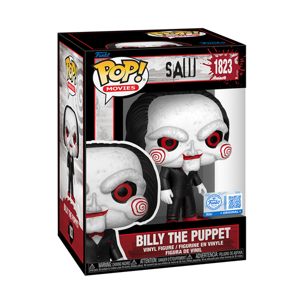 Boxed Funko Pop! Movies Saw Billy the Puppet Exclusive figure showing front and side window packaging.