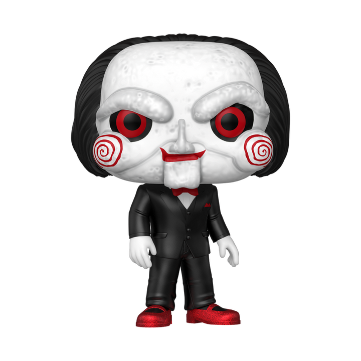 Funko Pop! vinyl figure of Billy the Puppet from Saw in black tuxedo with red glitter shoes on a white background.
