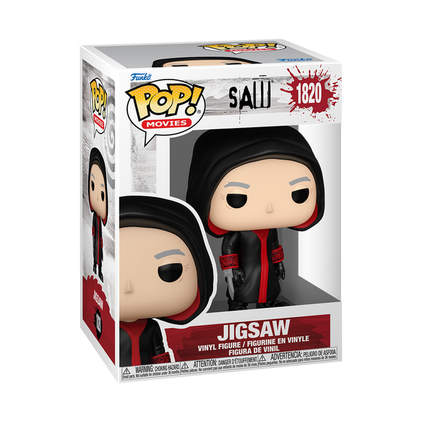 Funko Pop! vinyl figure packaging for Jigsaw from Saw on a white background