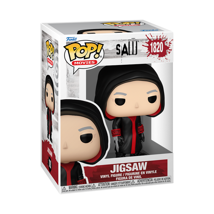 Funko Pop! vinyl figure packaging for Jigsaw from Saw on a white background