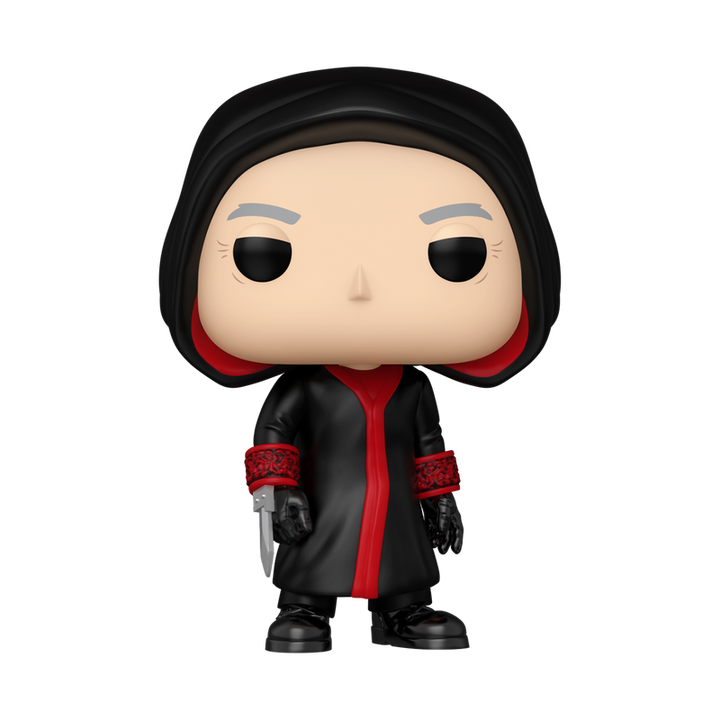 Funko Pop! vinyl figure of Jigsaw Killer wearing a black hooded robe and holding a knife on a white background.
