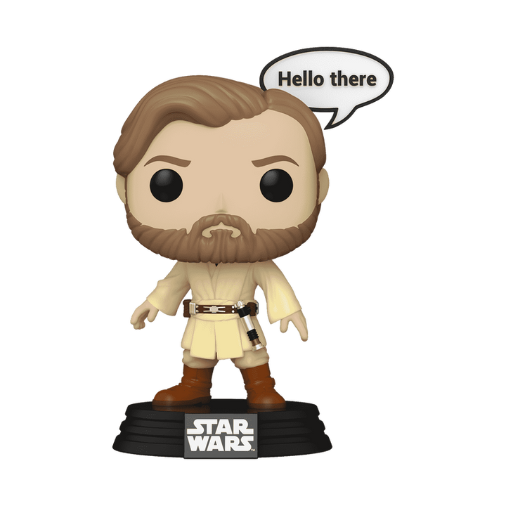 Funko Pop! figurine of a character from Star Wars with a 'Hello there' speech bubble on a white background.