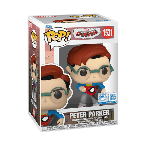 Funko Pop! Peter Parker figure packaging with Spider-Man branding