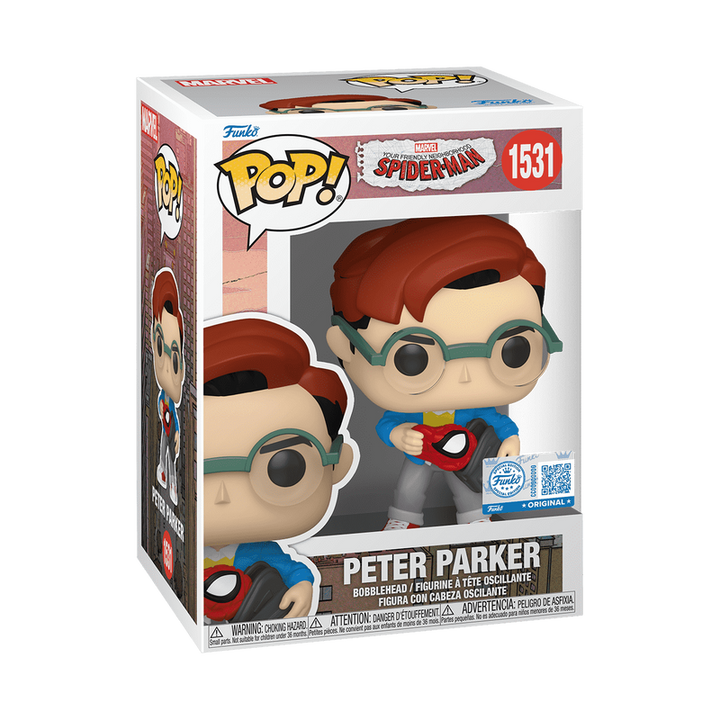 Funko Pop! Peter Parker figure packaging with Spider-Man branding