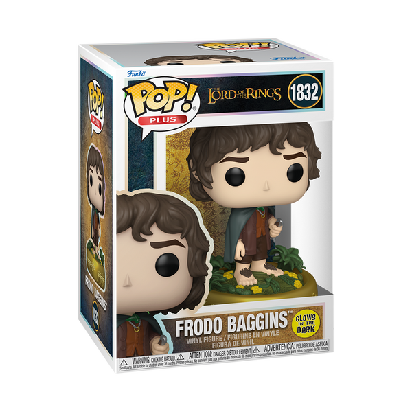 Funko Pop! packaging of Frodo Baggins from 'The Lord of the Rings' with glow-in-the-dark feature.