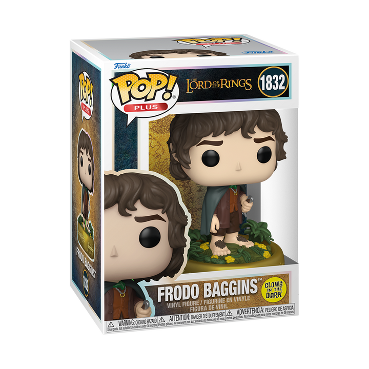 Funko Pop! packaging of Frodo Baggins from 'The Lord of the Rings' with glow-in-the-dark feature.