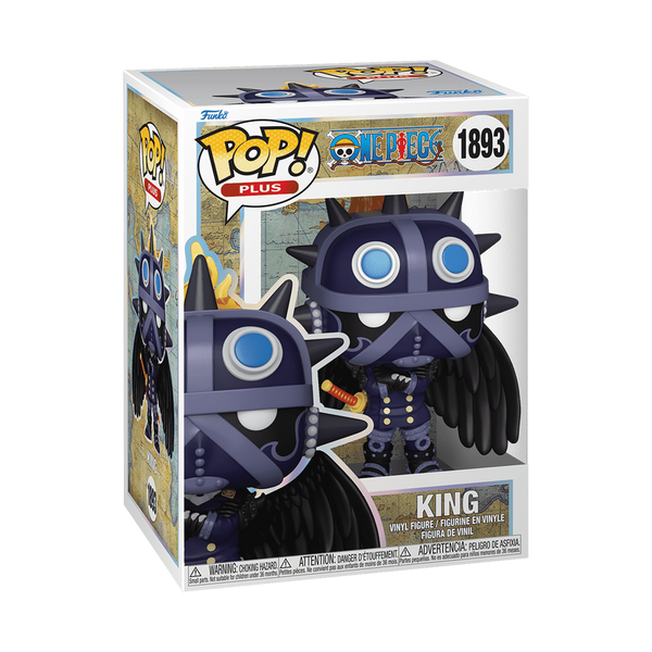 Funko Pop! Plus One Piece King vinyl figure with black wings, spiked helmet, and flaming crown – anime villain collectible standing 4.7 inches tall.
