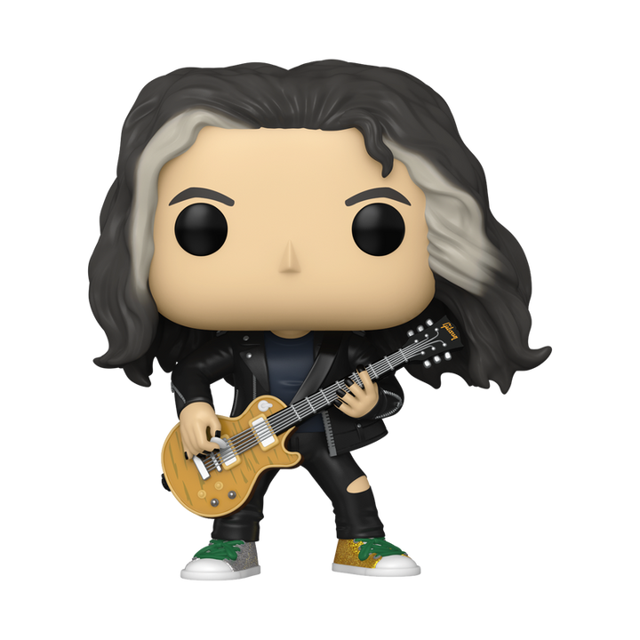 Funko Pop! vinyl figure of Kirk Hammett with long black and white hair holding a gold guitar on a white background.