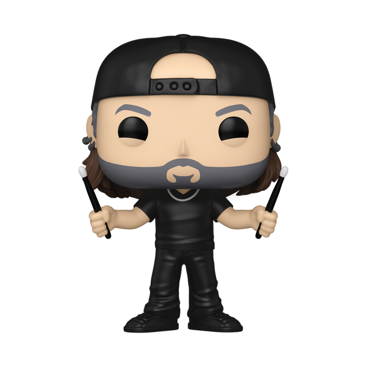 Funko Pop! vinyl figure of Lars Ulrich with beard, black outfit, backward cap, and drumsticks on a white background