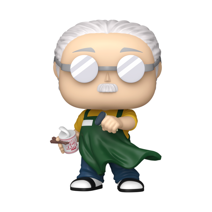 Funko Pop! vinyl figure of a character with white hair, glasses, and a green apron holding a cup.