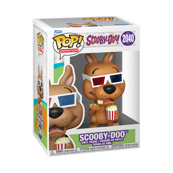 Funko Pop! vinyl figure packaging of Scooby-Doo with sunglasses and popcorn, featuring the Funko logo and 'Scooby-Doo' branding.