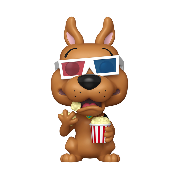 Scooby-Doo figurine with 3D glasses and popcorn on a white background