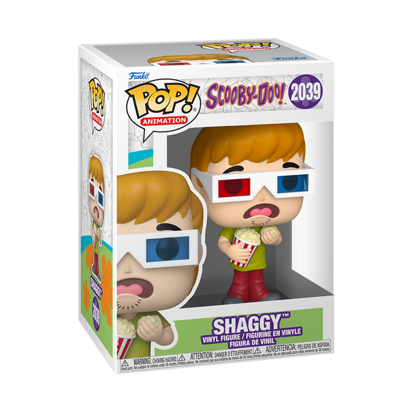 Funko Pop vinyl figure of Shaggy with 3D glasses displayed inside box on a white background.