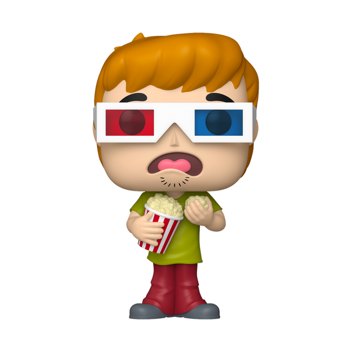 Figurine of a shaggy wearing 3D glasses and holding popcorn, on a white background