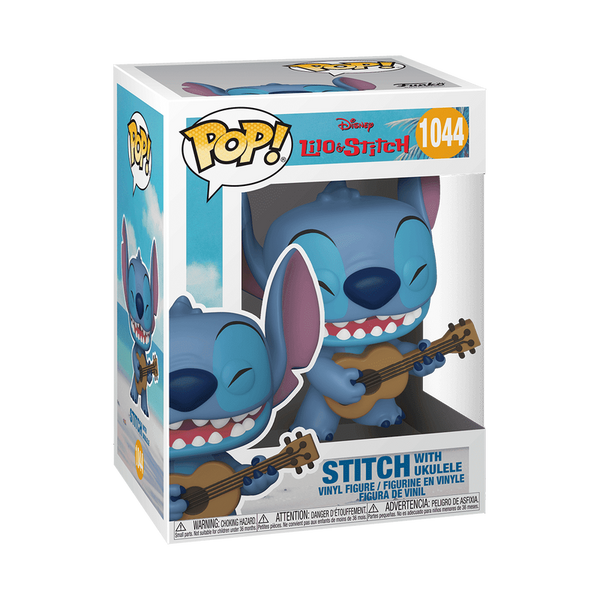 Funko Pop! box featuring Stitch with a ukulele, Disney branding visible