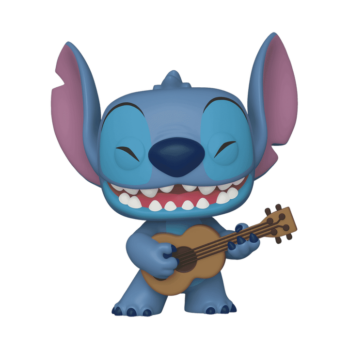 Blue cartoon character with pink ears holding a guitar on a white background