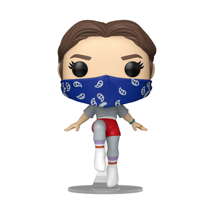 Funko Pop! vinyl figure of Eleven floating mid-air wearing blue bandana on a white background.